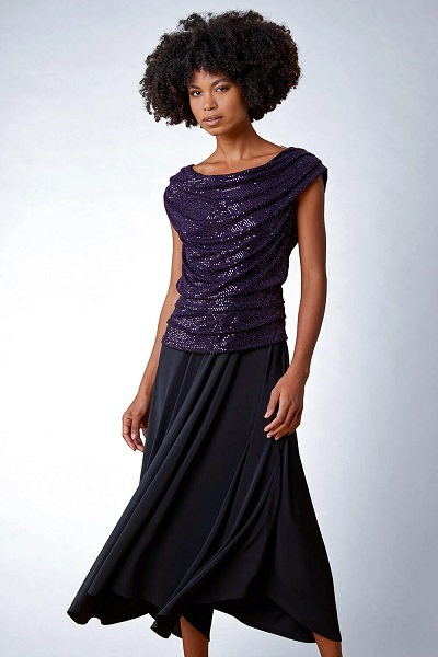 Roman Originals Purple Sequin Cowl Neck Contrast Midi Dress