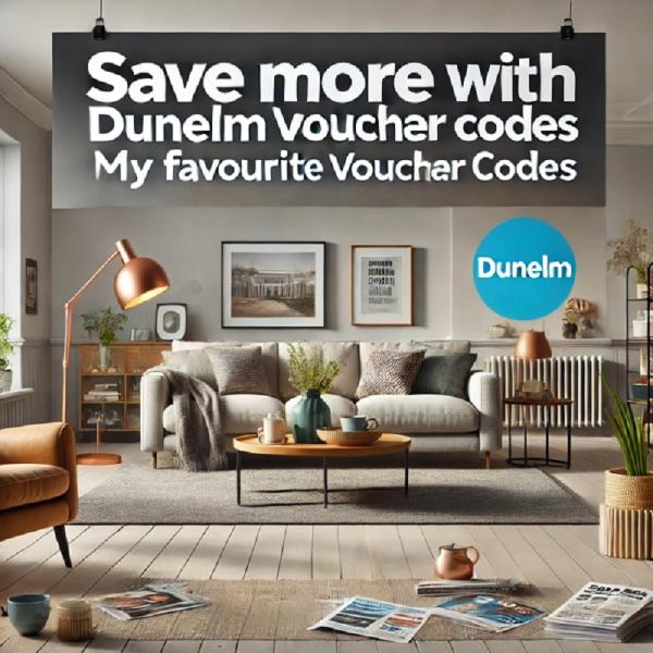 A banner image promoting savings at Dunelm using voucher codes from My Favourite Voucher Codes. The image features the Dunelm logo on one side and the My Favourite Voucher Codes logo on the other. The background displays a stylish living room scene with a sofa, cushions, and home décor items available at Dunelm, highlighting affordability and discounts. The central text subtly emphasizes 'Save More with Dunelm Voucher Codes' to reinforce the theme of shopping for less while upgrading your home.