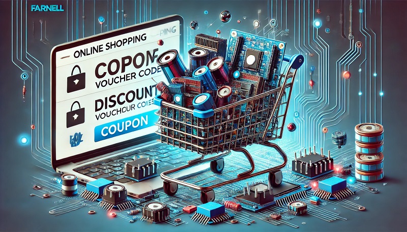 A digital shopping cart filled with electronic components, such as circuit boards and wires, alongside discount tags and a laptop screen showing a checkout page, symbolizing savings through Farnell voucher codes for electronic parts and equipment.