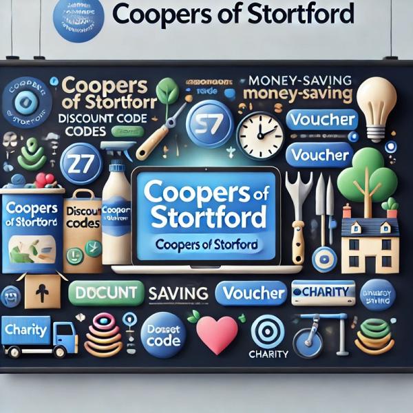 A sleek and modern banner showcasing the Coopers of Stortford brand, incorporating symbols of discount codes, vouchers, and charity. The banner includes visual elements such as homeware, garden tools, and energy-saving products, alongside icons that represent savings and charitable donations. The overall design highlights the smart, budget-conscious shopping experience supported by My Favourite Voucher Codes.