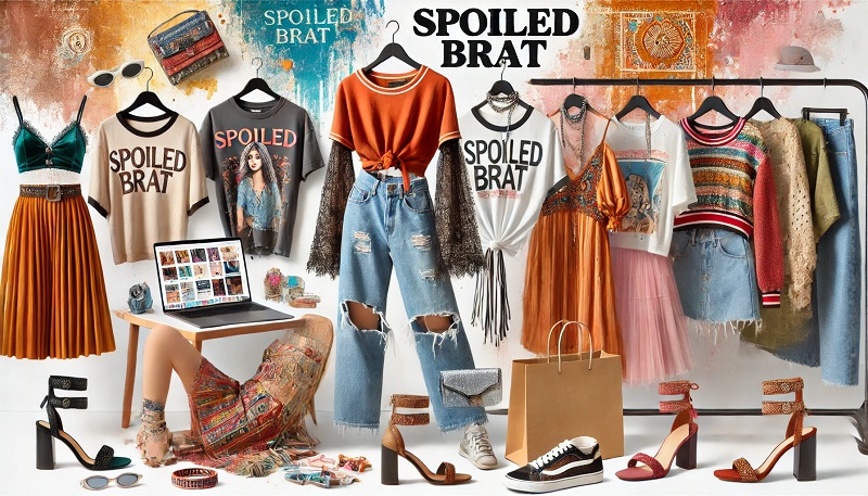 A stylish and artistic display of vibrant women's fashion and accessories from Spoiled Brat. The image highlights bohemian dresses, bold festival wear, and statement jewellery, reflecting the brand's edgy and eclectic style. A shopper is seen browsing through racks of brightly coloured outfits, embodying the creative and individualistic fashion choices available. Perfect for illustrating Spoiled Brat voucher codes and discounts on trendy and unique clothing.