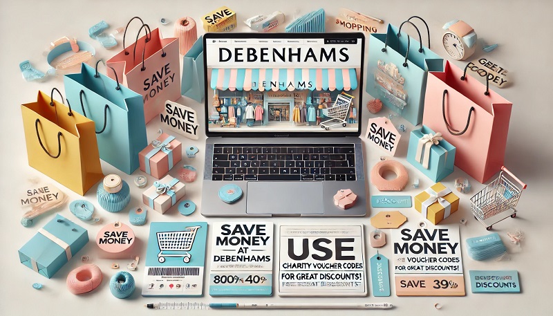 A visually appealing image depicting an online shopping theme centered around the Debenhams brand, featuring shopping bags, discount tags, and a laptop displaying a shopping website. The background has a soft gradient, conveying a sense of savings. Overlaid text reads 'Save Money at Debenhams' and 'Use Charity Voucher Codes for Great Discounts!', highlighting the charitable aspect of using voucher codes.