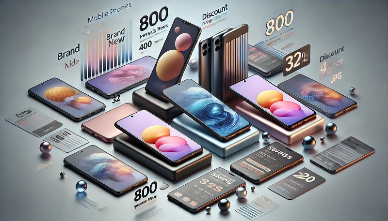 Mobile phones from brands like Apple and Samsung displayed on a clean surface, representing both new and refurbished smartphones. Discount tags and icons subtly suggest savings and voucher codes, reflecting an online shopping experience.