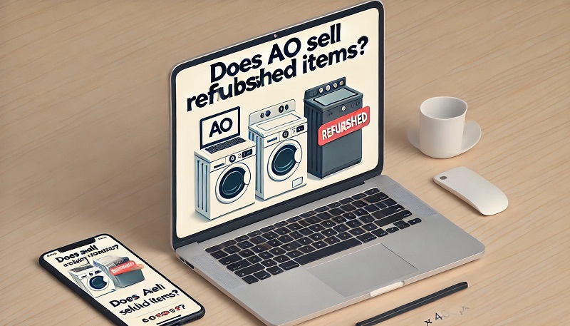 The image features a modern, clean design that visually represents the question "Does AO Sell Refurbished Items?". It includes illustrations of a laptop, washing machine, and smartphone, each labeled with a 'refurbished' tag. The background resembles an online shopping theme, giving a sense of browsing for electronic and home appliances. The rectangular layout is fitting within 800px by 400px dimensions, making the question "Does AO Sell Refurbished Items?" prominently clear and engaging.