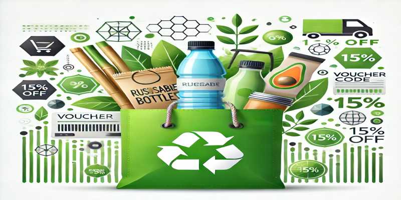 An illustration of eco-friendly shopping featuring a bag filled with sustainable products like reusable bottles, bamboo items, and organic vegetables. The design includes a digital voucher code icon and discount percentages, symbolizing budget-friendly green shopping. The theme emphasizes sustainability and saving money.