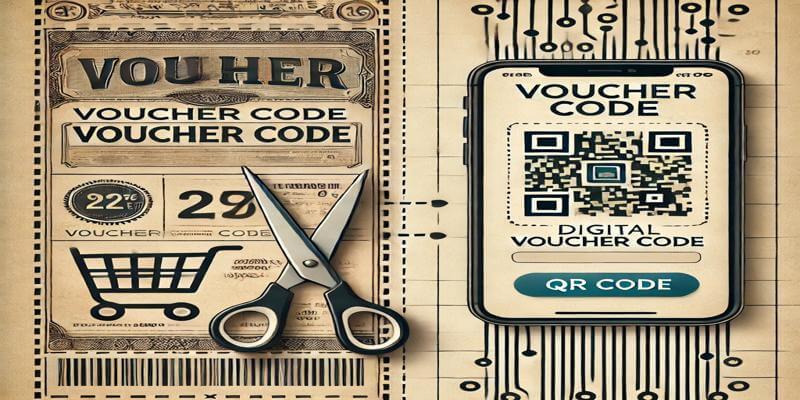 An illustration showcasing the evolution of voucher codes. The left side features a classic paper coupon being cut with scissors, transitioning to a modern digital voucher code displayed on a smartphone screen with a shopping cart icon and QR code. The design symbolizes the shift from traditional to digital savings tools.