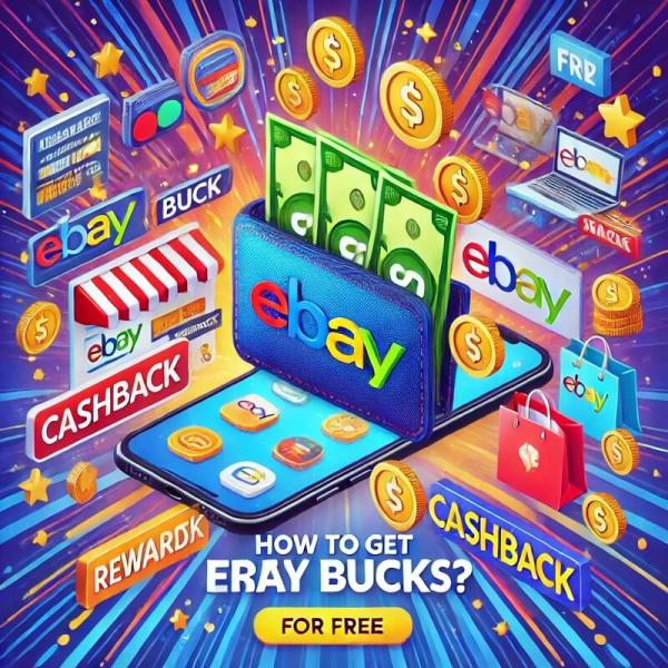 A vibrant illustration depicting how to earn free eBay Bucks, featuring a digital wallet with eBay branding, cashback icons, coins, and shopping symbols such as electronics, clothing, and collectibles. The image includes a banner with the text "How to Get Free eBay Bucks?" and celebratory elements like stars and confetti, emphasizing rewards, savings, and online shopping benefits. The design aligns perfectly with the article topic, showcasing the concept of maximizing rewards through eBay’s cashback program.