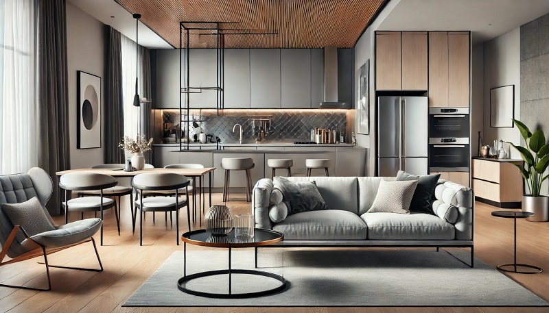 A modern living room with premium home furniture and kitchen appliances, including a contemporary grey sofa set, coffee table, and a sleek dining area. The background features a fully equipped kitchen with stainless steel appliances, showcasing the type of products available at Knees Home & Electrical. This image highlights home essentials that can be purchased with Knees Home & Electrical voucher codes for substantial savings.