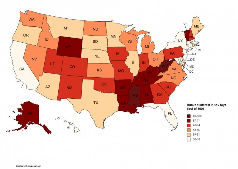 Map of Amercia Ranked interest in Sex Toys