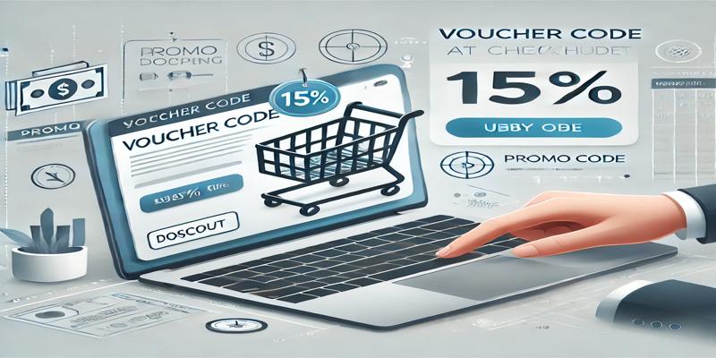 A professional illustration of a person applying a voucher code at checkout on a laptop. The image features a shopping cart with a visible discount being applied, alongside a promo code field and confirmation message, emphasizing efficient and smart online shopping to maximize savings.
