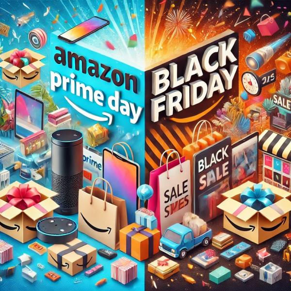A dynamic and festive image contrasting two major shopping events: Amazon Prime Day and Black Friday. One side features the Amazon logo, tech gadgets, and delivery boxes for Prime Day, while the other shows shopping bags, large sales signs, and various products for Black Friday. Confetti adds to the celebratory mood, emphasizing excitement around deals and savings. This visually represents the comparison of the two events, answering the question, "What is better, Amazon Prime Day or Black Friday?"