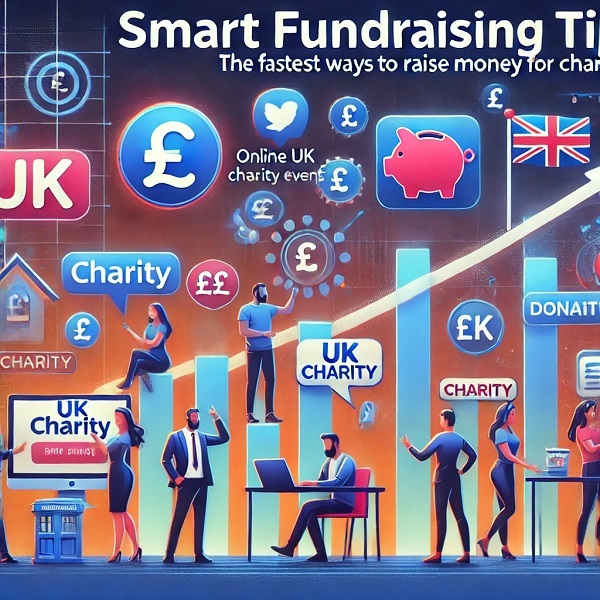 A crisp, high-quality image showing a person using a laptop to raise money for charity quickly. Charity symbols like hearts and donation icons are visible, along with logos of popular UK retailers such as Tesco, B&Q, and Currys. The image reflects the modern and efficient theme of raising money for charity through voucher codes and online shopping, matching the style of My Favourite Voucher Codes."