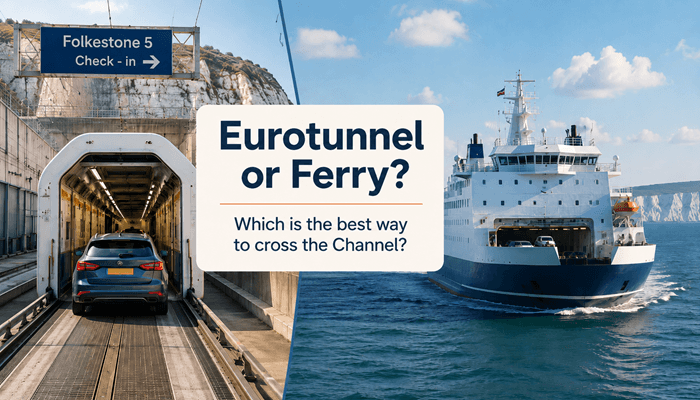 Car boarding LeShuttle beside a cross-Channel ferry, illustrating the choice between Eurotunnel and ferry travel
