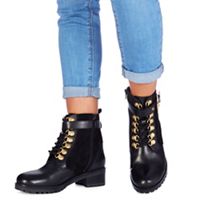 Black Mid Heel Womens Biker Boots