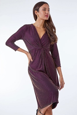 Roman Originals Magenta Shimmer Stripe Twist Front Dress