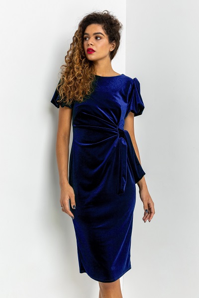 Roman Originals Royal Blue Velvet Bubble Sleeve Midi Dress