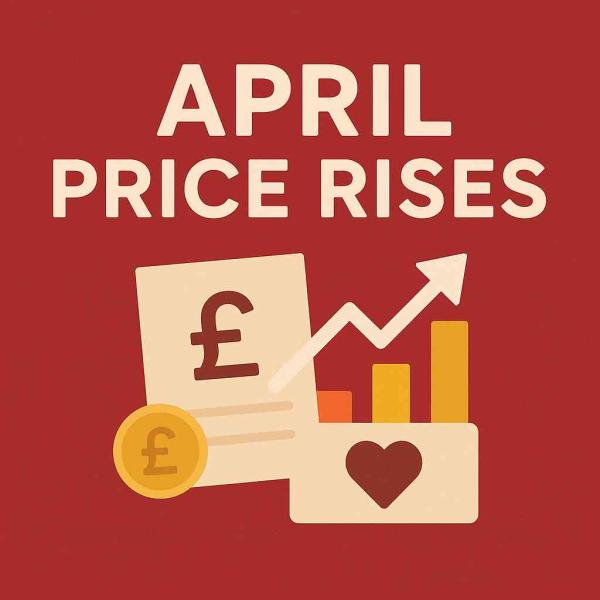 Illustration showing April 2025 price rises with a bill icon, pound symbol, and upward-trending chart on a red background, representing increasing living costs and the need to save money.