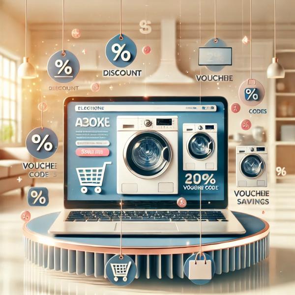An inviting image showcasing online shopping for electronics with a laptop displaying a website featuring products like washing machines and TVs. Around the laptop are discount tags, voucher codes, and shopping icons that symbolize money savings. The background features a cozy home setting, subtly hinting at a living room and kitchen, emphasizing the convenience and comfort of shopping from home while saving money.