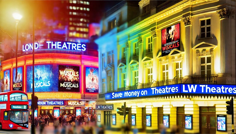 A vibrant evening scene of London's West End, featuring iconic theatres like the London Palladium and Theatre Royal Drury Lane. The bright marquee lights and bustling crowds capture the excitement of a theatre night out. This image perfectly illustrates the experience of attending a show at LW Theatres, aligning with the theme of saving money on tickets through LW Theatres voucher codes.