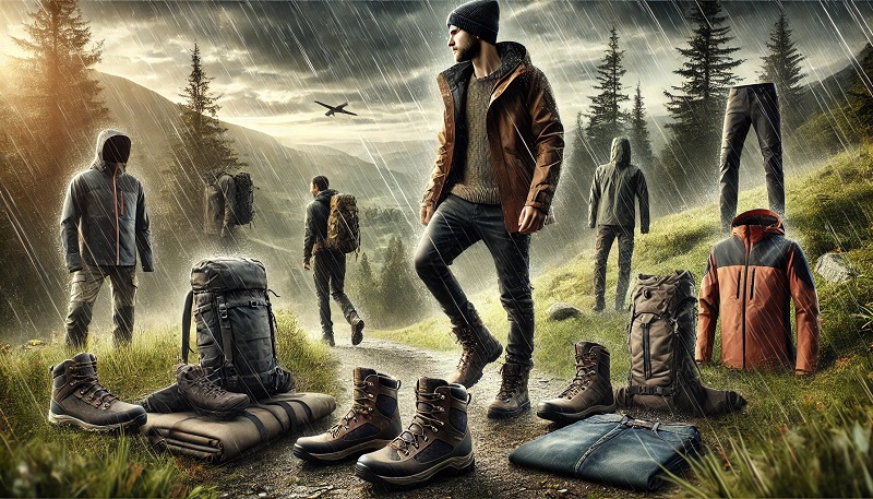 People hiking through a rainy forest, wearing stylish waterproof jackets, hiking boots, and outdoor gear from The Rainy Days. The image highlights durable, weather-resistant clothing, perfect for outdoor activities and daily wear, reflecting the potential savings through The Rainy Days voucher codes.