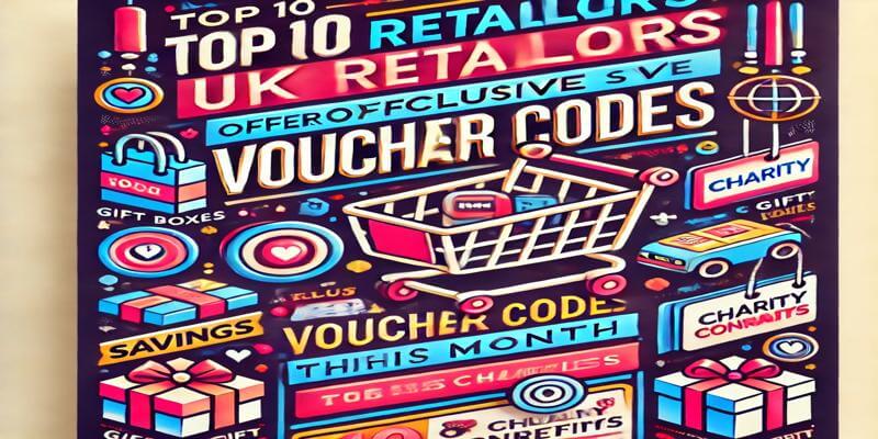 A vibrant and professional illustration featuring shopping icons like a cart, gift boxes, and product tags, with the text "Top 10 UK Retailers Offering Exclusive Voucher Codes This Month." The background includes subtle charity symbols, emphasizing savings, shopping, and charitable contributions.