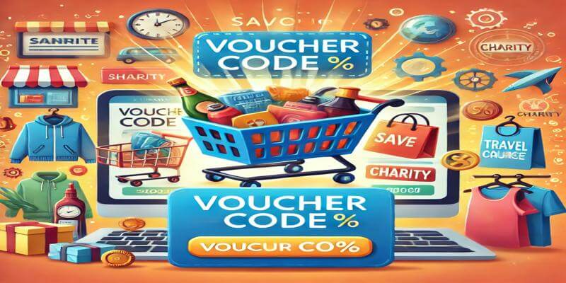 A vibrant and professional illustration showcasing an online shopping scene with a shopping cart filled with items like clothing, electronics, groceries, and travel essentials. The checkout screen features a glowing voucher code box with a visible discount percentage applied, emphasizing the savings aspect. Surrounding the scene are icons representing charity, deals, and savings, reinforcing the theme of using voucher codes to shop smarter and support good causes. The image conveys the essence of saving money with voucher codes, aligned with an informative blog article.