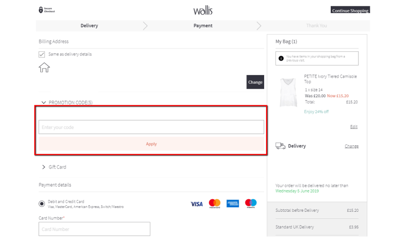 Wallis checkout and discount code section