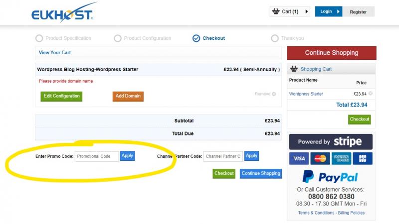 eUKhost shopping cart promo code box