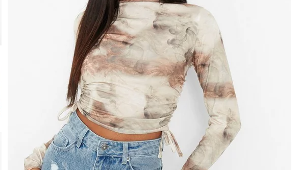 Marble Print Ruched Sleeve Top - Boohoo